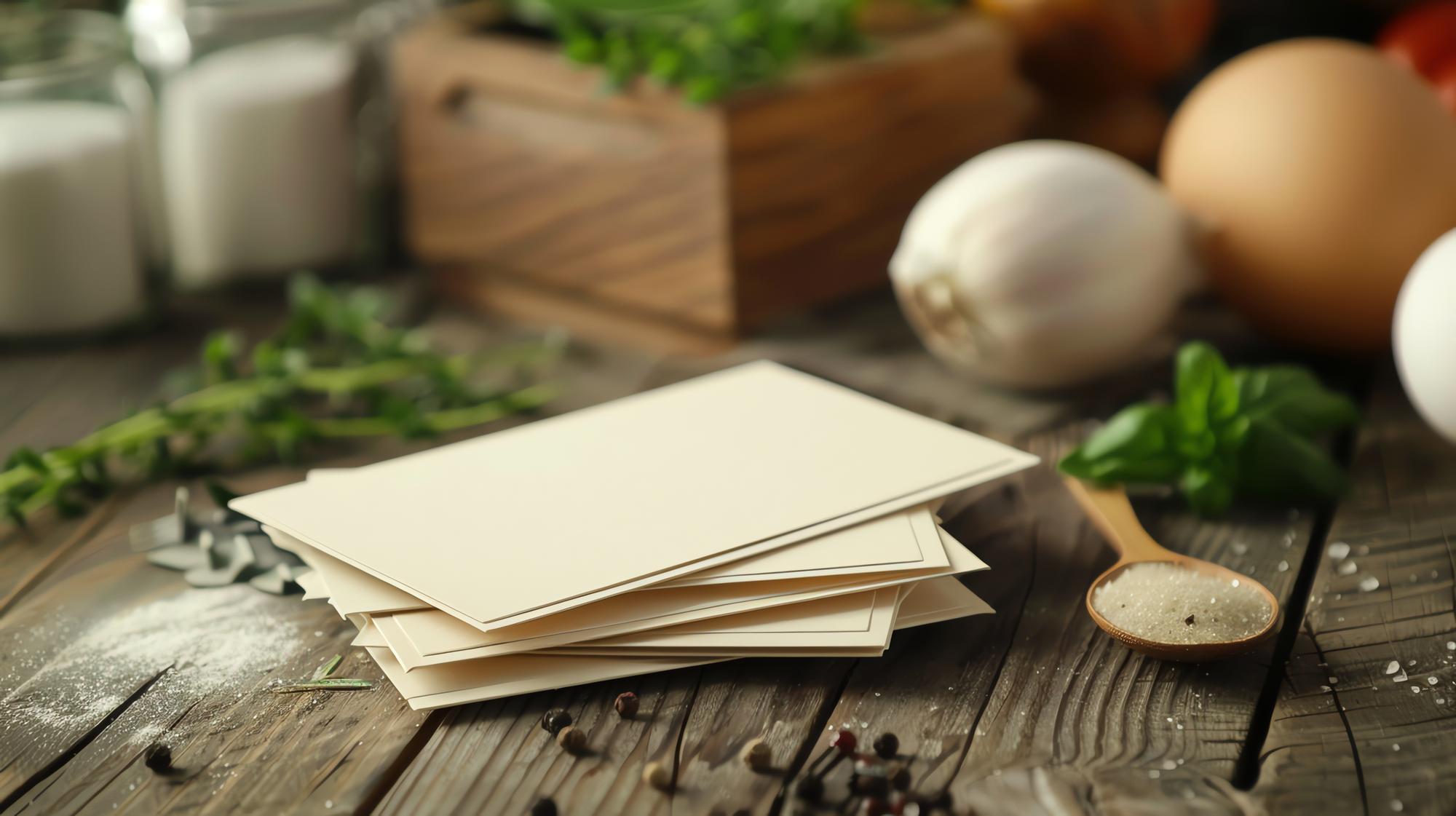 Stack of recipe cards and a notebook on a table